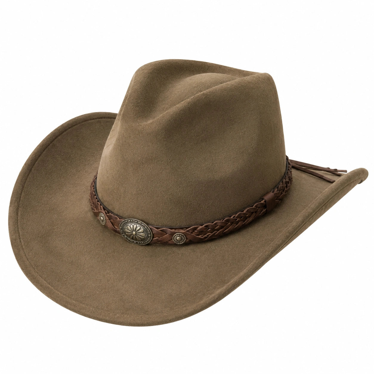 Cowboyhut Einheitsgröße olivbraune Veloursoptik mit geflochtenem Zierband Westernstil