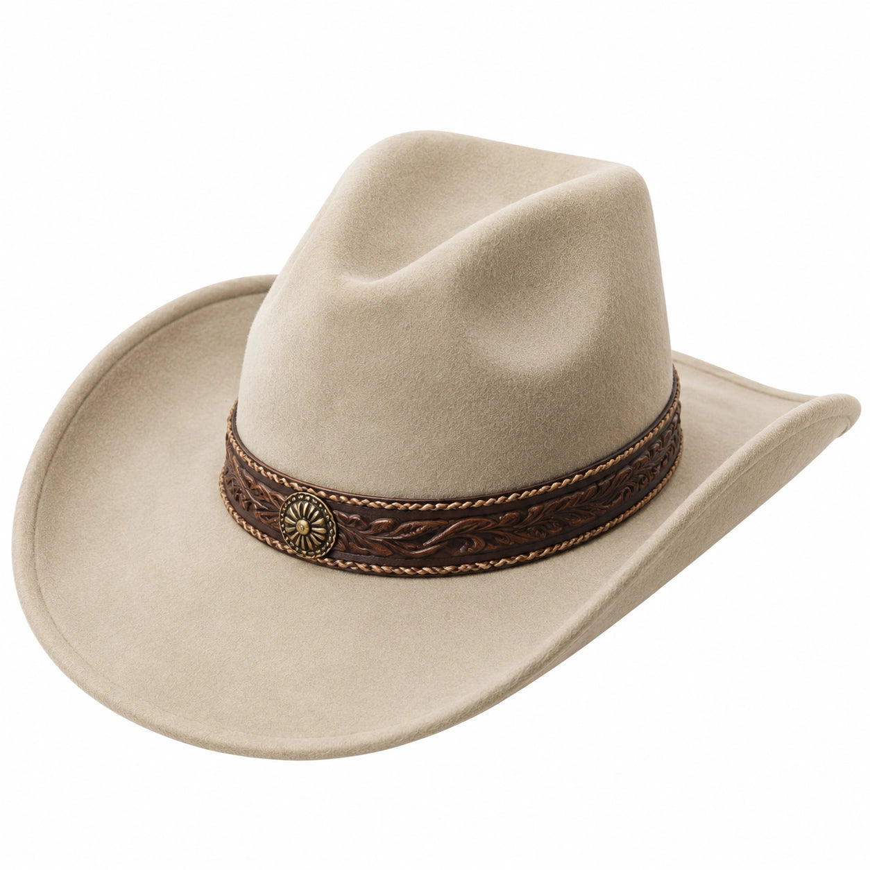 Cowboyhut Einheitsgröße Beige in Filzoptik mit Dekorband im Westernstil