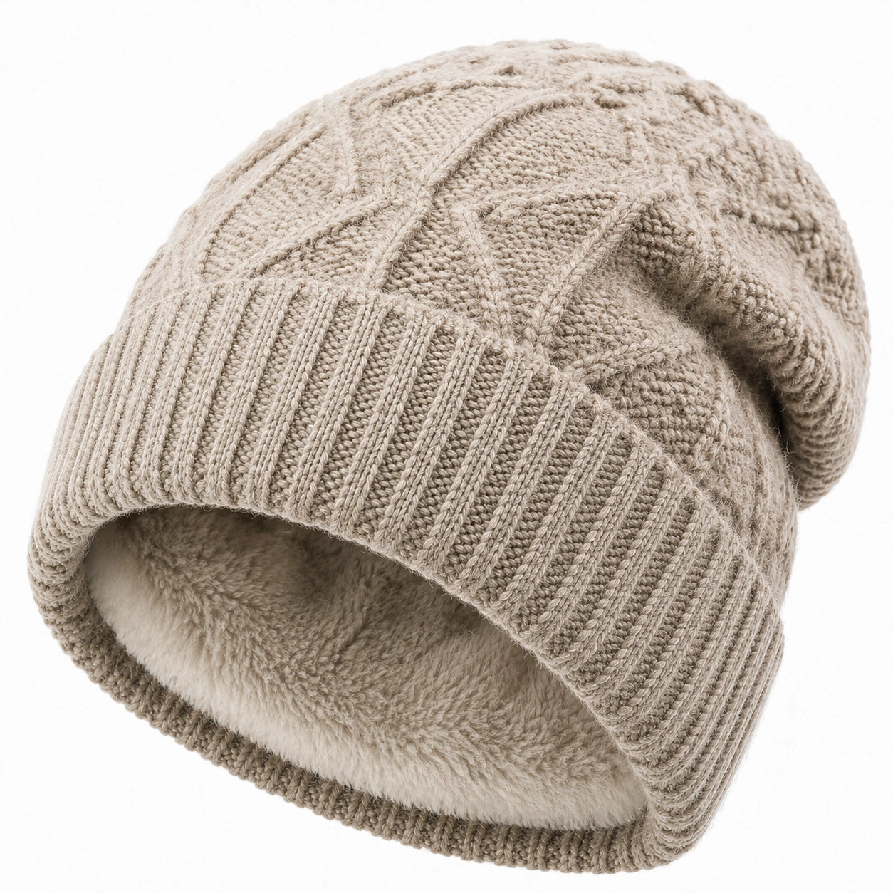 Strickmütze Einheitsgröße Beige mit Fleecefutter und Zopfmuster
