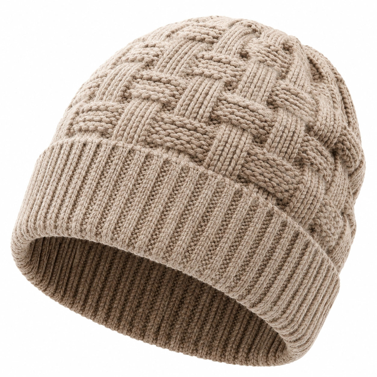 Strickmütze Einheitsgröße Beige mit Umschlag und Zopfmuster