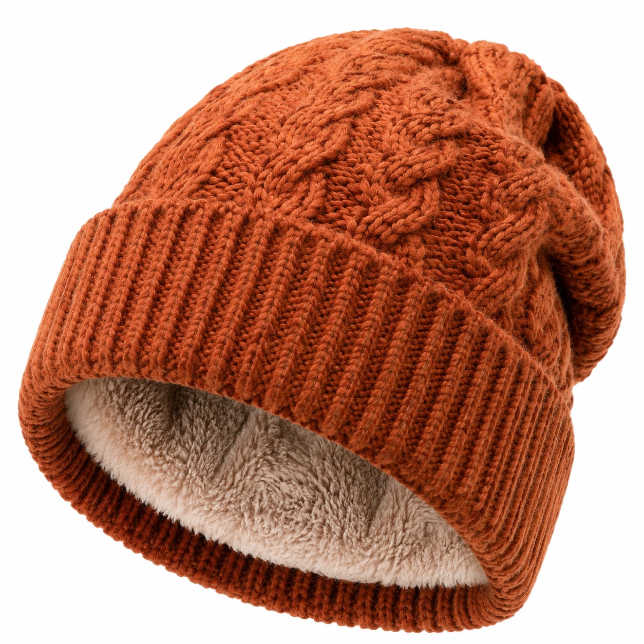 Strickmütze Einheitsgröße in Rostorange mit Fleecefutter und Zopfmuster