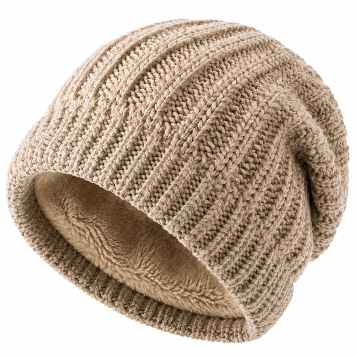 Strickmütze Einheitsgröße Beige mit Fleecefutter für Damen und Herren